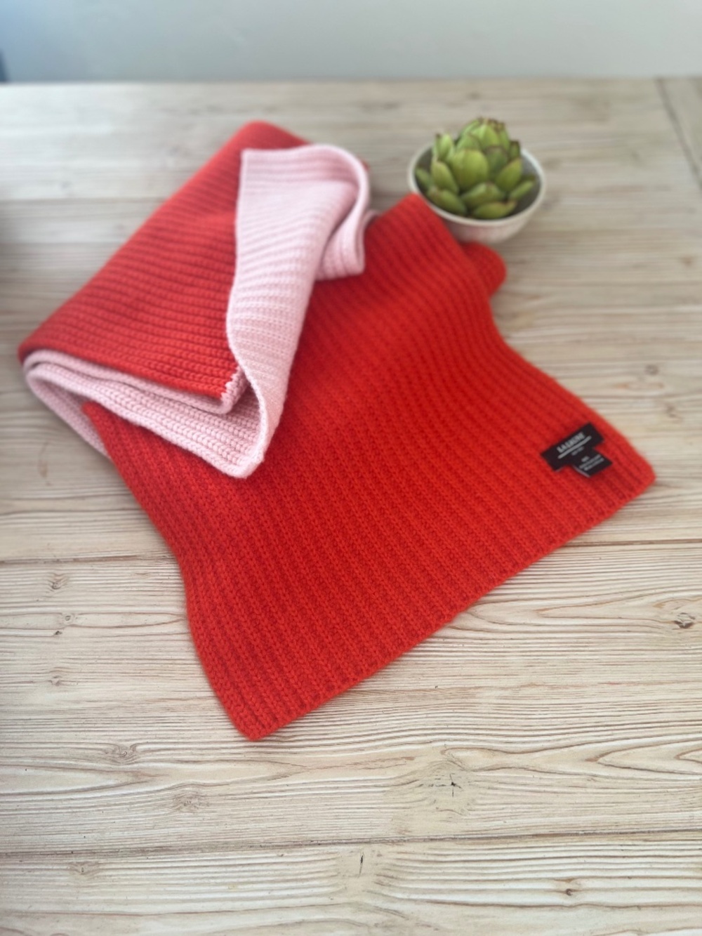 La Ligne 100% Cashmere Colorblock Scarf Red Pink 14 x 72